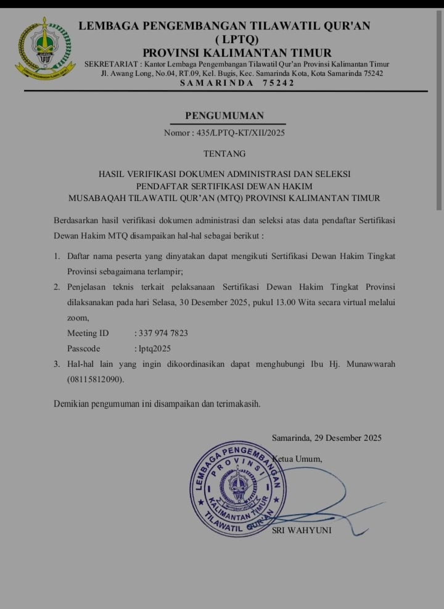 PENGUMUMAN SERTIFIKASI DEWAN HAKIM