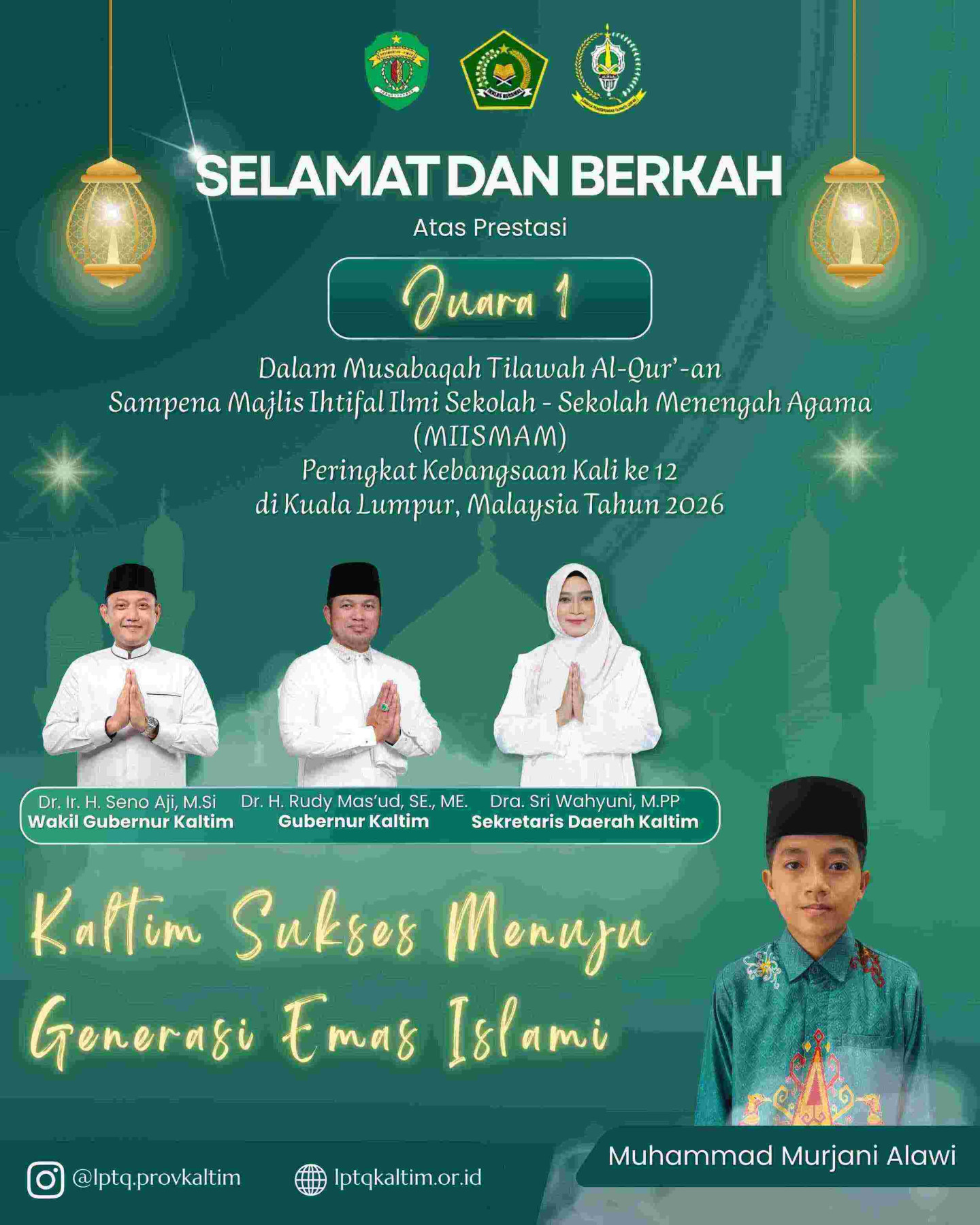 Murjani, Binaan LPTQ Kaltim Juarai MTQ Pelajar Internasional di Malaysia